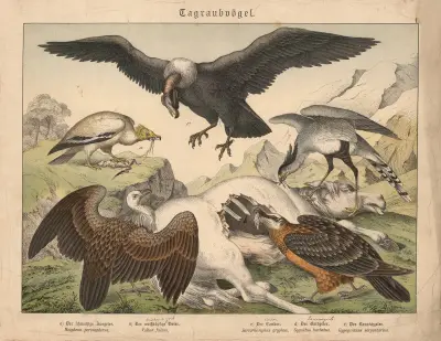 Tagraubvögel. a) Der schmutzige Aasgeier, b) Der weissköpfige Geier, c) Der Condor, d) Der Bartgeier, e) Der Kranichgeier av Gotthilf Heinrich von Schubert