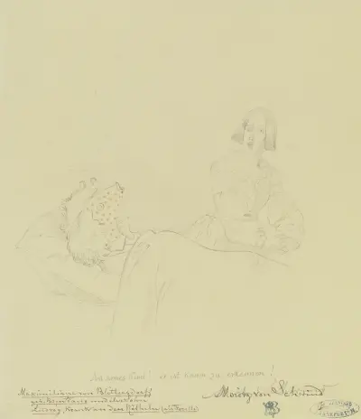 ‘Ach armes Kind! er ist kaum zu erkennen!’ Maximiliane von Blittersdorf geb. Brentano und ihr Sohn Ludwig, krank an den Röteln (als Forelle) av Moritz von Schwind
