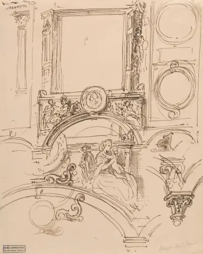Arkitektoniska detaljer för en väggdekoration med kejsarinnan Maria Theresia som omfamnar den unge Wolfgang Amadeus Mozart av Moritz von Schwind