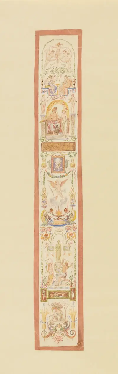 Návrh s rostlinnými ornamenty a figurálními scénami pro nástěnnou dekoraci, Moritz von Schwind