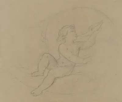 Putto zwischen Ranken, in ein Muschelhorn blasend av Moritz von Schwind