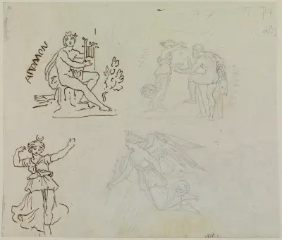 Skissblad med fem utkast till rundbilder i salen för 'Philostrats målningar' av Moritz von Schwind