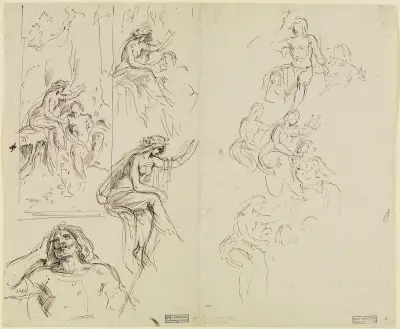 Studienblatt mit Kompositionsentwurf und Einzelskizzen zu ‚König Krokus und die Waldnymphe‘ von Moritz von Schwind