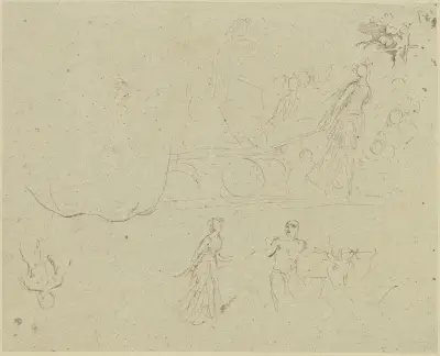 Studienblatt; Wagen in einem Triumphzug, gezogen von einer weiblichen Gestalt av Moritz von Schwind