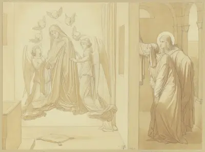 De heliga Johannes evangelisten och Dionysios, som betraktar Maria svävande i bön av Eduard von Steinle