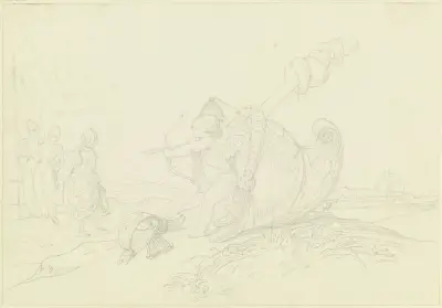 Scherzhafte Auffassung der Erklärung des befreundeten Barons C.v.W., Oesterr. Dragoner-Offiziers; Er suche zur Ehe die Frau mit den kleinsten Füssen. von Eduard von Steinle