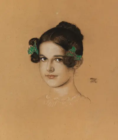 Porträtt av dottern Mary med gröna rosetter av Franz von Stuck