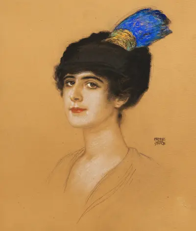Porträtt av dam med fjäderprydnad av Franz von Stuck