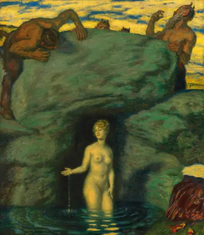Källnymf belurad av fauner av Franz von Stuck