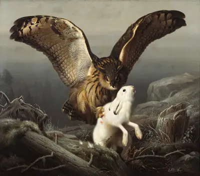 An Eagle-Owl Seizes A Hare av Ferdinand von Wright