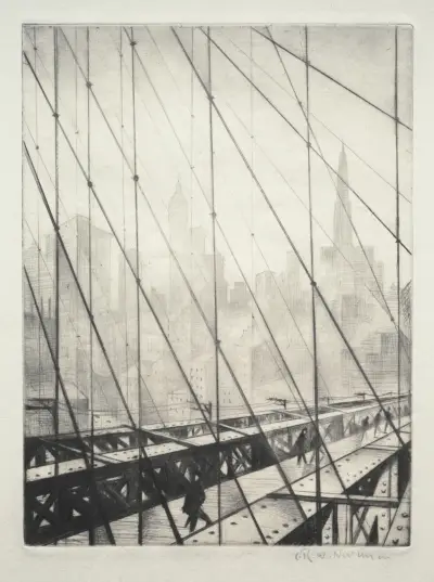 Looking through Brooklyn Bridge av Christopher R. W. Nevinson