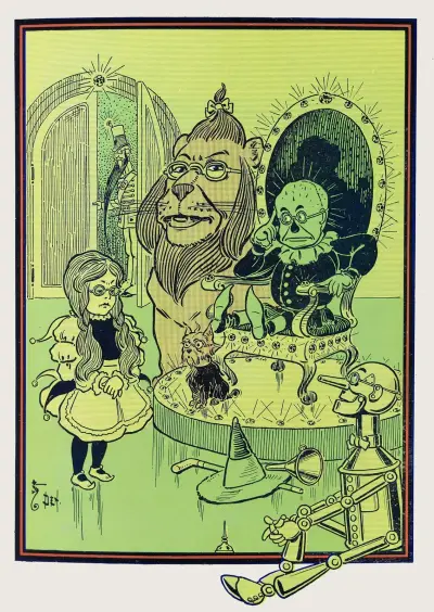 The Scarecrow sat on the big throne av William Wallace Denslow