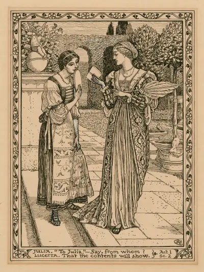 Julia; 'Till Julia, ...Säg, från vem' Lucetta; 'Att innehållet ska visa', akt 1, scen 2 C. av Walter Crane