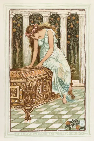 Pandora desires to open the box von Walter Crane