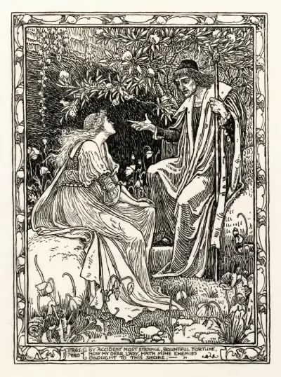 Pros; ‘By accident most strange, bountiful fortune, now my dear lady, hath mine enemies brought to this shore …’ [The Tempest] av Walter Crane