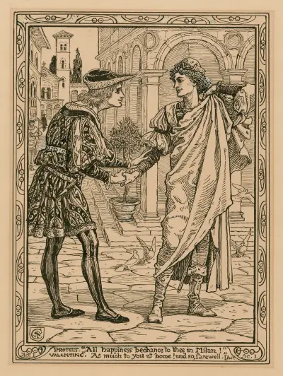 Proteus; ‘All happiness bechance to thee in Milan!’ Valentine; ‘As much to you at home! and so, farewell’ von Walter Crane