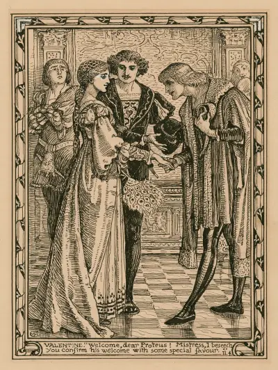 Valentine; ‘Welcome, dear Proteus! Mistress, I beseech you confirm his welcome with some special favour’, II, 4 von Walter Crane