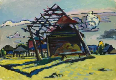 Akhtyrka. Frame for a Haystack and Farm av Wassily Kandinsky