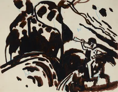 Landscape with a trumpet-blowing rider av Wassily Kandinsky