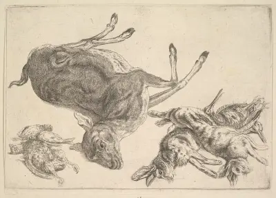 Toter Hirsch, Hasen und Wild von Wenceslaus Hollar