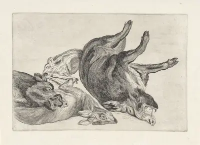Dead wild boar lying on its right side, another with his head on a dead deer av Wenceslaus Hollar