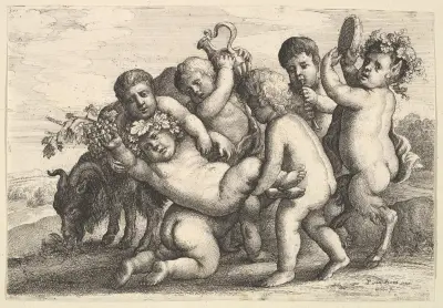 Fünf Jungen, zwei Satyrn und eine Ziege von Wenceslaus Hollar