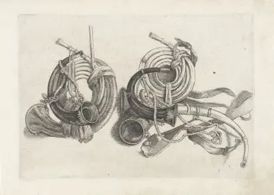 Fünf Jagdhörner unterschiedlicher Form mit Schnüren und Riemen, zwei links und drei rechts von Wenceslaus Hollar
