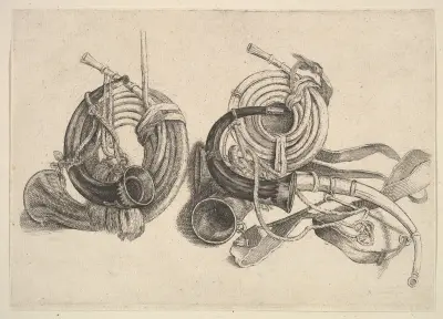 Fünf Jagdhörner von Wenceslaus Hollar