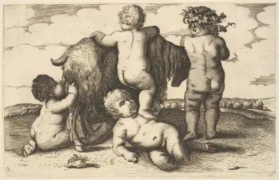 Vier Jungen, ein junger Satyr und eine Ziege, 1647 – Nr. 2 von Wenceslaus Hollar