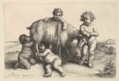 Vier Jungen, ein junger Satyr und eine Ziege, 1647 – Nr. 1 von Wenceslaus Hollar