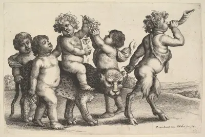 Vier Jungen, ein junger Satyr und ein Leopard von Wenceslaus Hollar