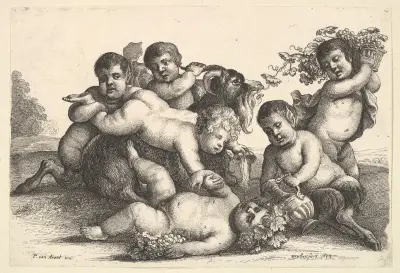 Vier Jungen, zwei Satyrn und eine Ziege von Wenceslaus Hollar
