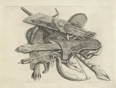 Vier Köcher mit Pfeilen, zwei Bogen und ein Speer auf dem Boden angeordnet von Wenceslaus Hollar