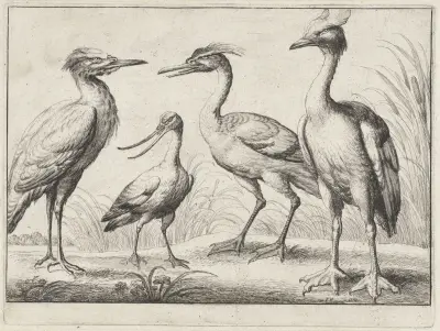 Vier Watvögel am Flussufer von Wenceslaus Hollar