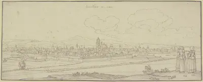 Frankfurt am Main von der Südseite gesehen, rechts im Vordergrund zwei Damen av Wenceslaus Hollar