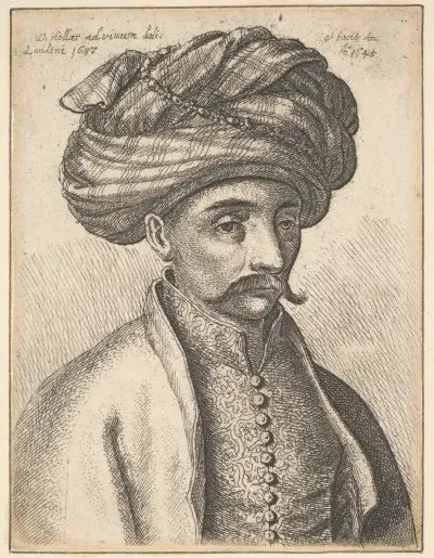 Brustbild eines türkischen Mannes mit Schnurrbart und großem Turban von Wenceslaus Hollar