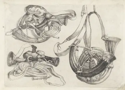 Sieben Jagdhörner in verschiedenen Formen mit Schnüren und Riemen von Wenceslaus Hollar