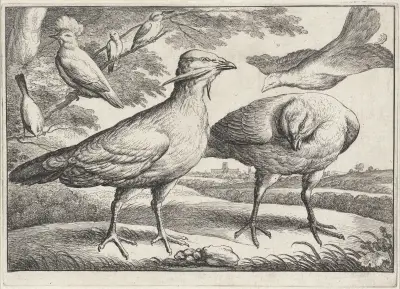 Drei Trappen, eine davon von rechts einfliegend von Wenceslaus Hollar