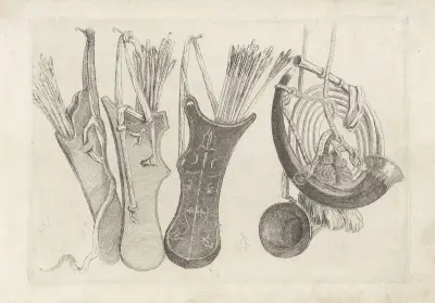 Drei Köcher mit Pfeilen und Riemen, an Nägeln hängend, links, zwei Jagdhörner rechts von Wenceslaus Hollar