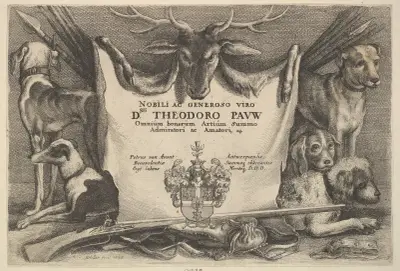 Titelseite mit Hunden und Jagdausrüstung von Wenceslaus Hollar
