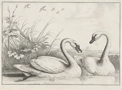Zwei schwimmende Schwäne, mit einem alten Fischwehr am Flussufer links und fünf Schwalben, die oben fliegen von Wenceslaus Hollar