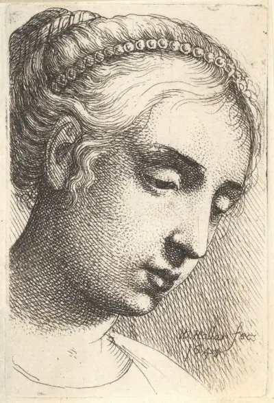 Frau mit Perlenkette im Haar, nach rechts unten blickend von Wenceslaus Hollar