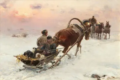 Abendliche Schlittenfahrt mit Hunden av Alfred von Wierusz-Kowalski