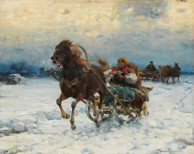 Fröhliche Schlittenfahrt av Alfred von Wierusz-Kowalski