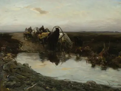 Peasant carts in front of a puddle av Alfred von Wierusz-Kowalski