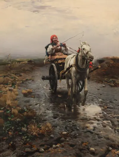 Peasant Riding a Cart av Alfred von Wierusz-Kowalski