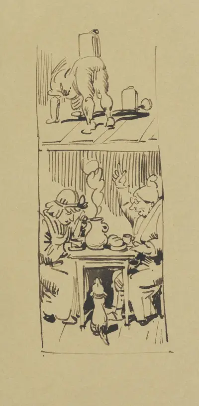 Derweil sitzt unten beim Kaffee ; Herr Meck und deutet in die Höh’ av Wilhelm Busch