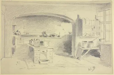 Küche mit Herd, Regal und Mauerbogen av Wilhelm Busch