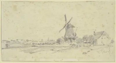 Landskap med vädersågsholländskvarn och mjölnarens hus av Wilhelm Busch