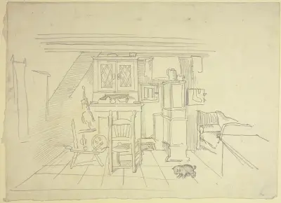 Stube mit Spinnrad und kleinem Hund av Wilhelm Busch